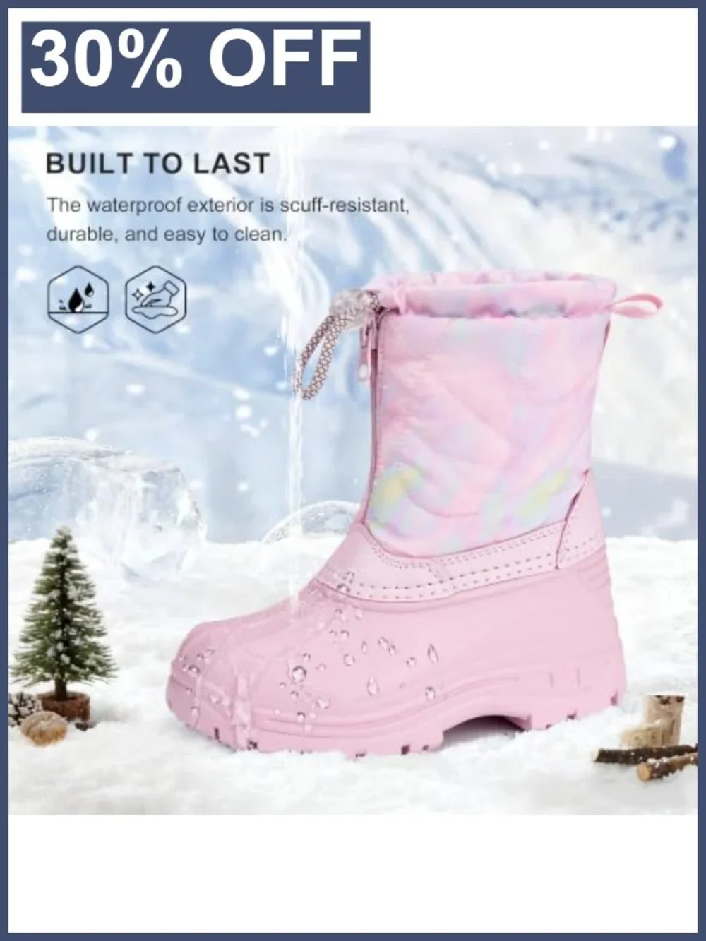 Girls Snow Boots with Zipper Kids Winter Outdoor Faux Fur Lined